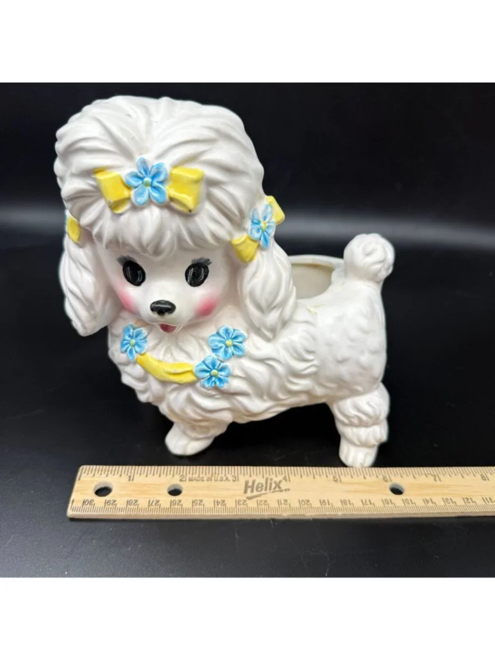 Vtg White Poodle Dog Planter Hand Painted Ceramic Bows Flowers MCM Import Kitsch